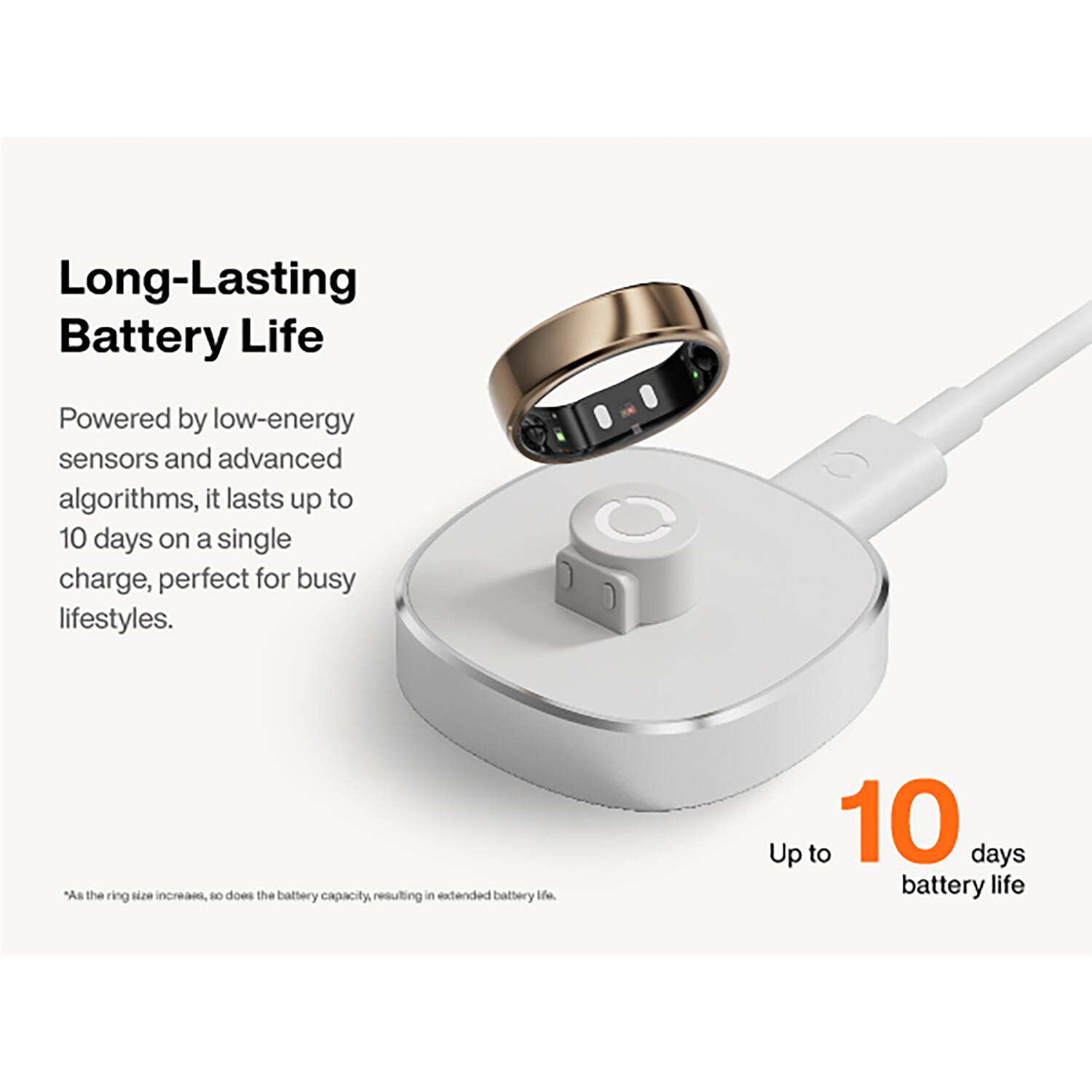 Long-Lasting Battery Life

Powered by low-energy sensors and advanced algorithms, it lasts up to 10 days on a single charge, perfect for busy lifestyles.

*As the ring size increases, so does the battery capacity, resulting in extended battery life.

Up to 10 days battery life