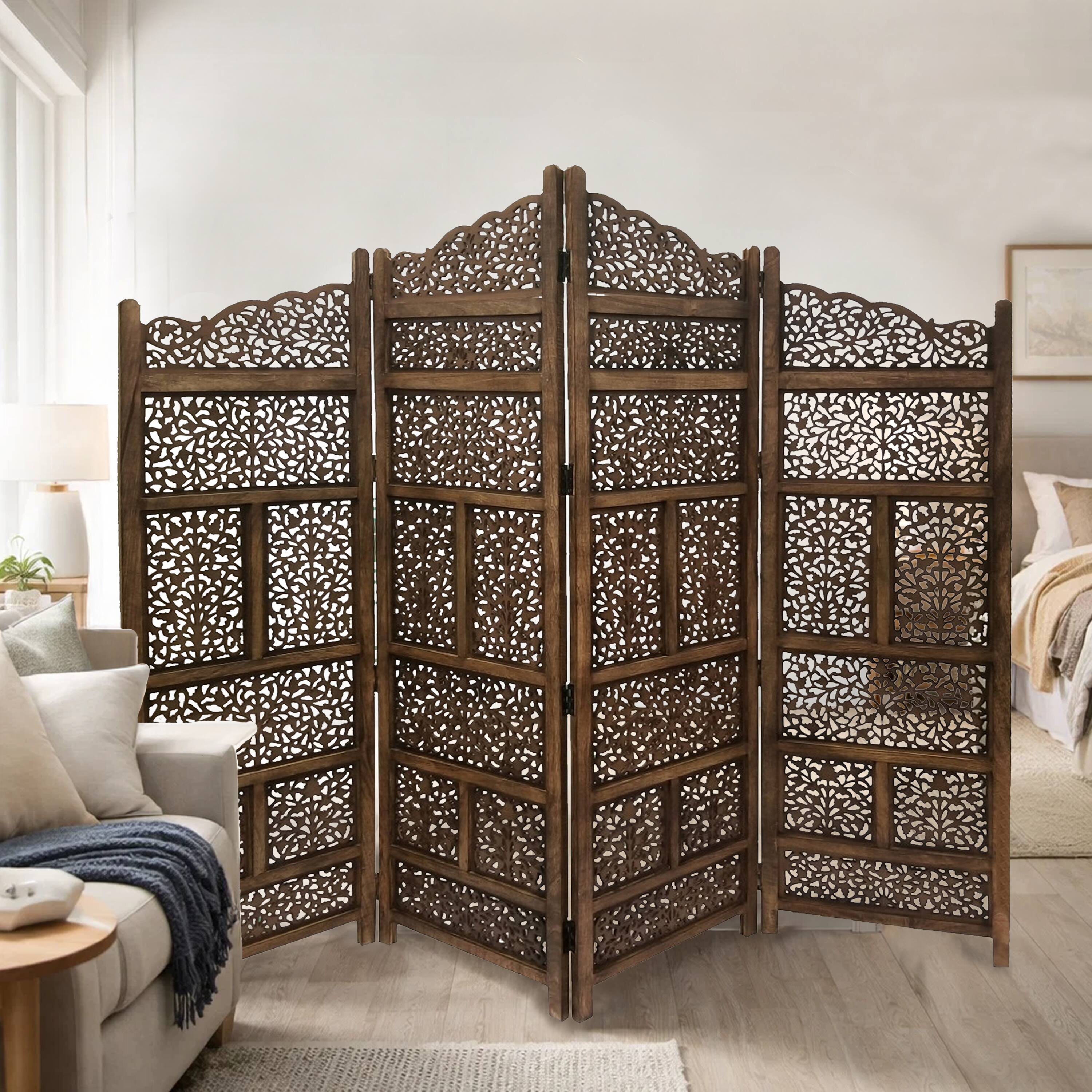 Alt View 10. Manhattan Lane - Benzara Hand Carved Foldable 4 Panel Wooden Partition Screen/RoomDivider - Brown.