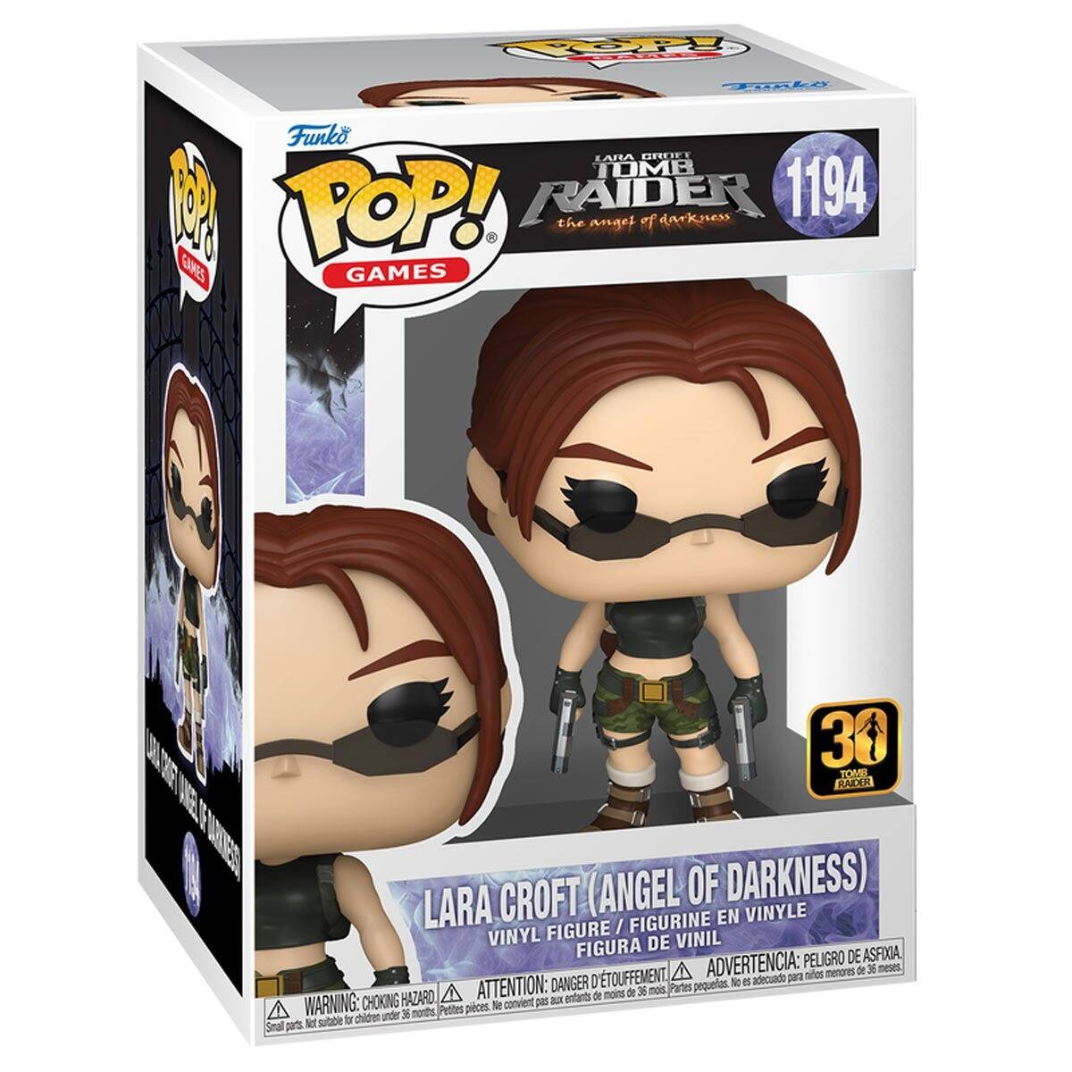 Sure, here is the corrected and grouped text from the image:

---

**Funko POP! GAMES**

**LARA CROFT**  
**TOMB RAIDER**  
**the angel of darkness**  
**1194**

**LARA CROFT (ANGEL OF DARKNESS)**  
**VINYL FIGURE / FIGURINE EN VINYLE**  
**FIGURA DE VINIL**

**WARNING: CHOKING HAZARD**  
**ATTENTION: DANGER D'ÉTOUFFEMENT**  
**ADVERTENCIA: PELIGRO DE ASFIXIA**  
**Peligro de asfixia. No es adecuado para menores de 36 meses.**  
**Small parts. Not suitable for children under 36 months.**  
**Pattes pequetas. No convient pa de moins de 36 mois.**  
**Prêtes petites. Ne convient pas aux enfants de moins de 36 mois.**

**30**  
**TOMB RAIDER**

---

This text is organized to reflect the information on the packaging accurately.