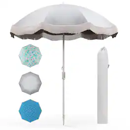 Gymax - 6.5 FT Beach Umbrella w/ Fringe Tassel Umbrella w/ Push Button Tilt Sand Anchor - Cream White