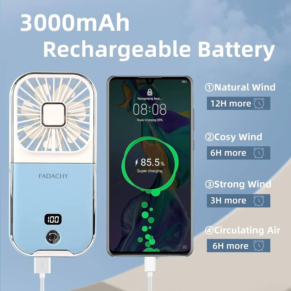 3000mAh Rechargeable Battery

Recognising face...

08:08 Super charging 85% ONatural Wind 12H more

FADACHY 85.5% Super charging 2 Cosy Wind 6H more

3 Strong Wind 3H more

100 @Circulating 4 Air 6H more