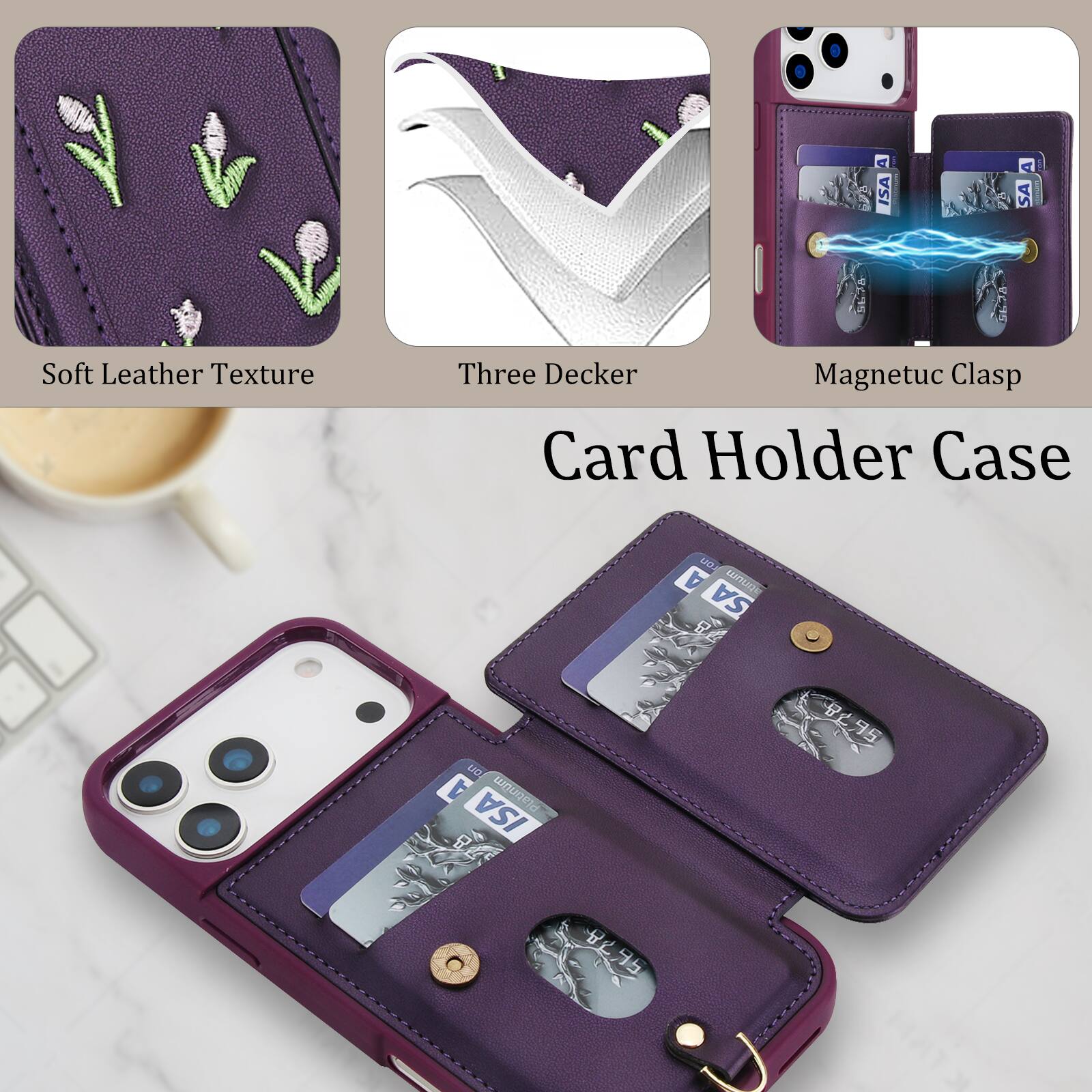 A SA A SA SA VOTIN Soft Leather Texture Three Decker Magnetic Clasp Card Holder Case UIG A LANDLITA SA un 4 wn0oma ISA 895 95