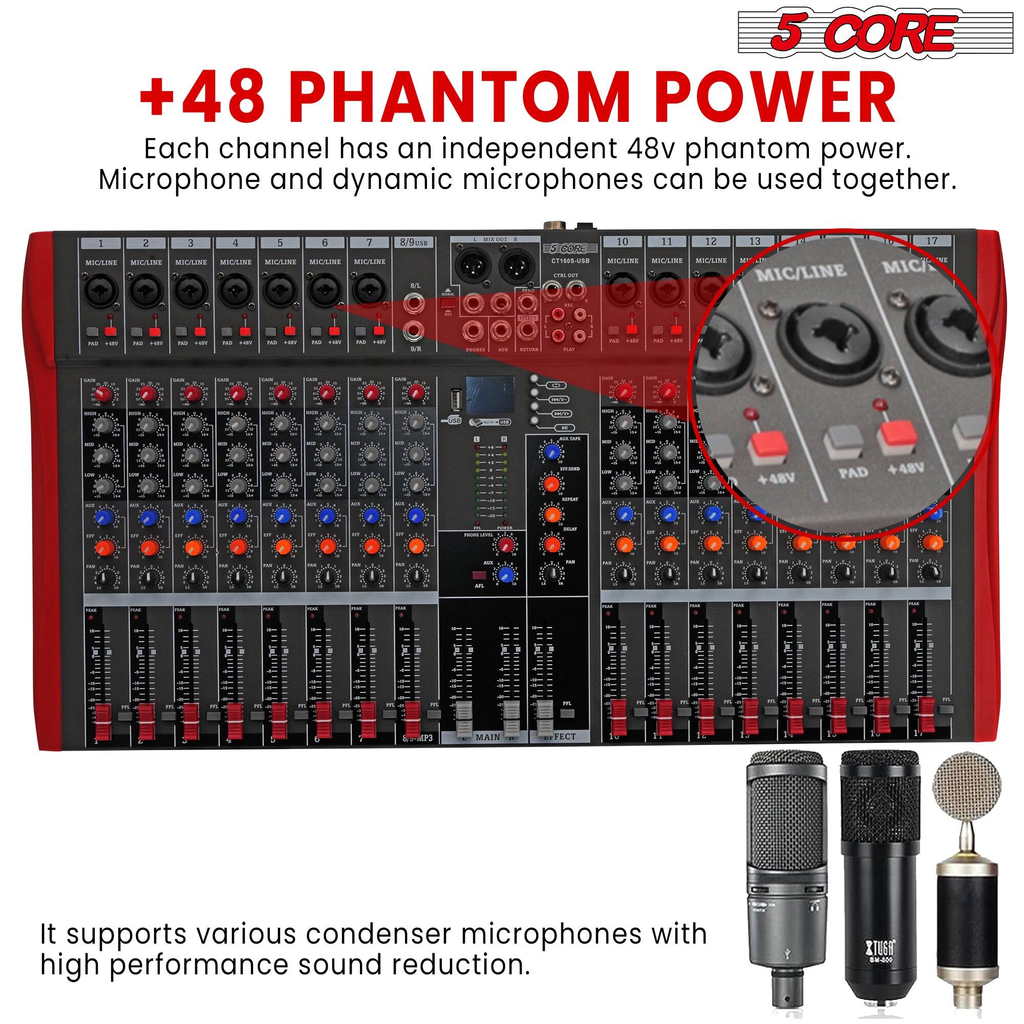 5 CORE

+48 PHANTOM POWER

Each channel has an independent 48v phantom power. Microphone and dynamic microphones can be used together.

It supports various condenser microphones with high performance sound reduction.