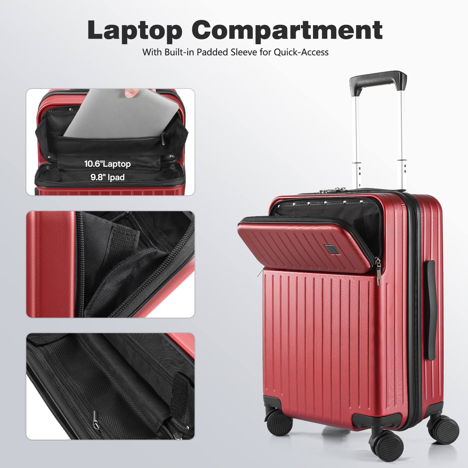 Laptop Compartment  
With Built-in Padded Sleeve for Quick-Access  

10.6" Laptop  
9.8" Ipad