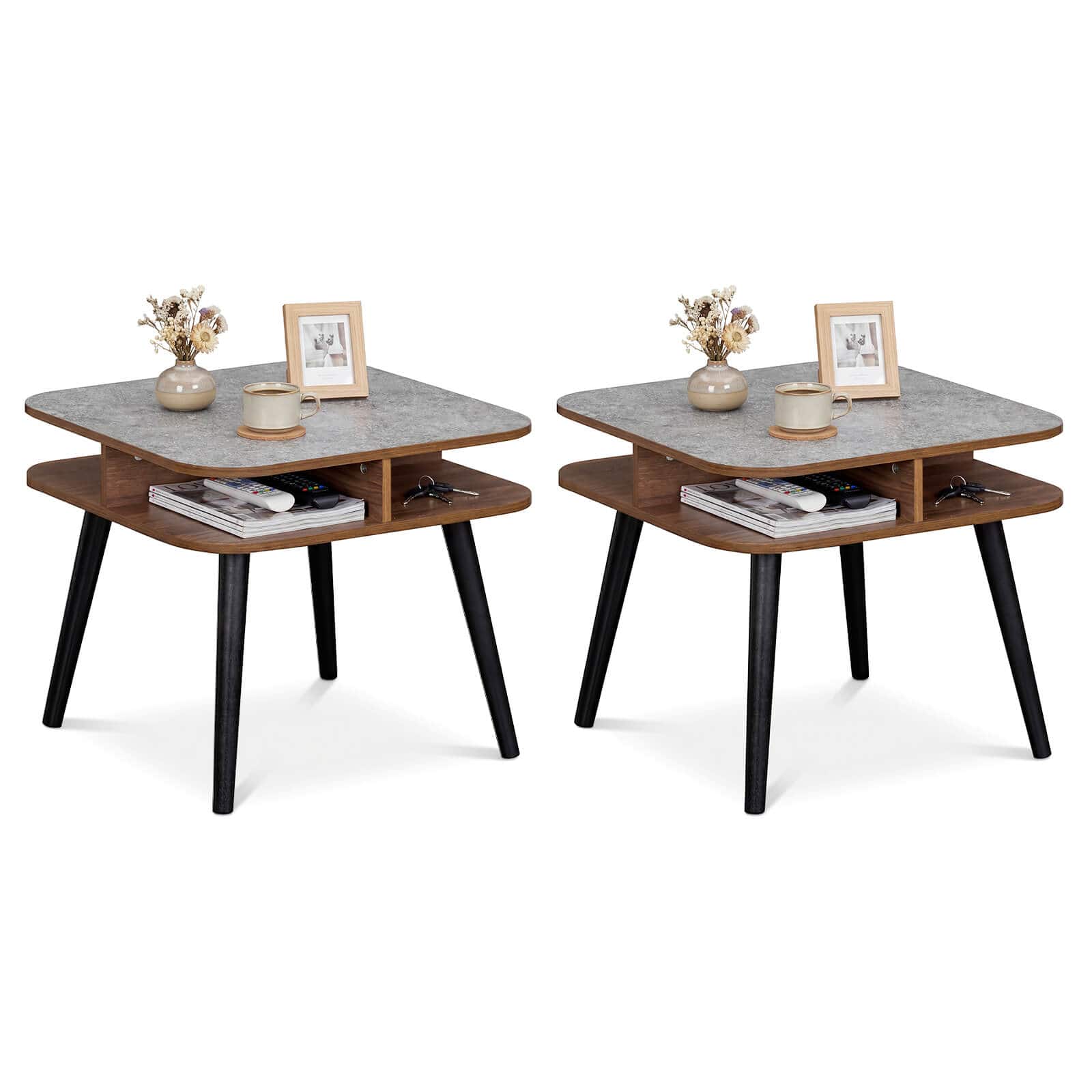 Costway - 2 PCS Faux Marble End Table with Storage Shelves & Rubber Wood Legs for Living Room - Gray, Walnut & Black