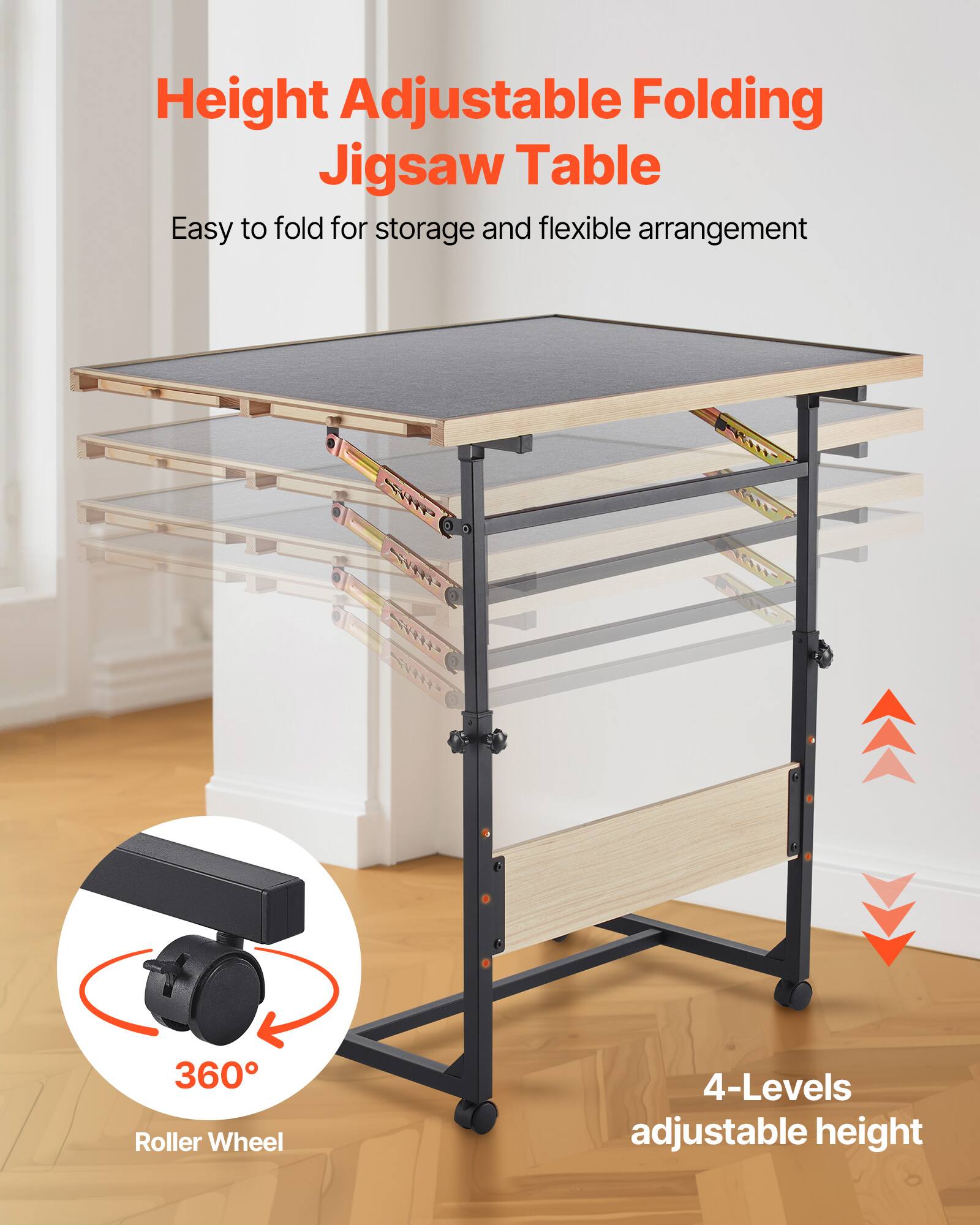 Height Adjustable Folding Jigsaw Table, Easy to fold for storage and flexible arrangement, 360° Roller Wheel, 4-Levels adjustable height