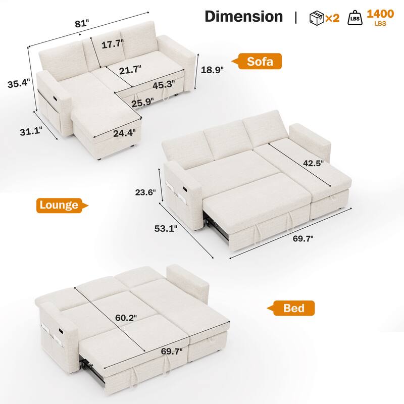 35.4" Dimension | 81" 17.7" Sofa 21.7" 18.9" 45.3" 25.9" x2 1400 LBS LBS 31.1" 24.4" 42.5" Lounge 23.6" 53.1" 69.7" 60.2" Bed 69.7"
