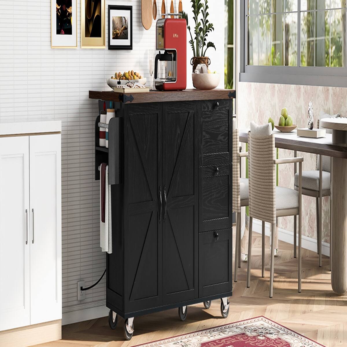 Alt View 1. Loheer - Loheer 54.5" Farmhouse Kitchen Island with Power Outlet, Drop Leaf, Rolling Kitchen Cart on Wheels, Black - Black.