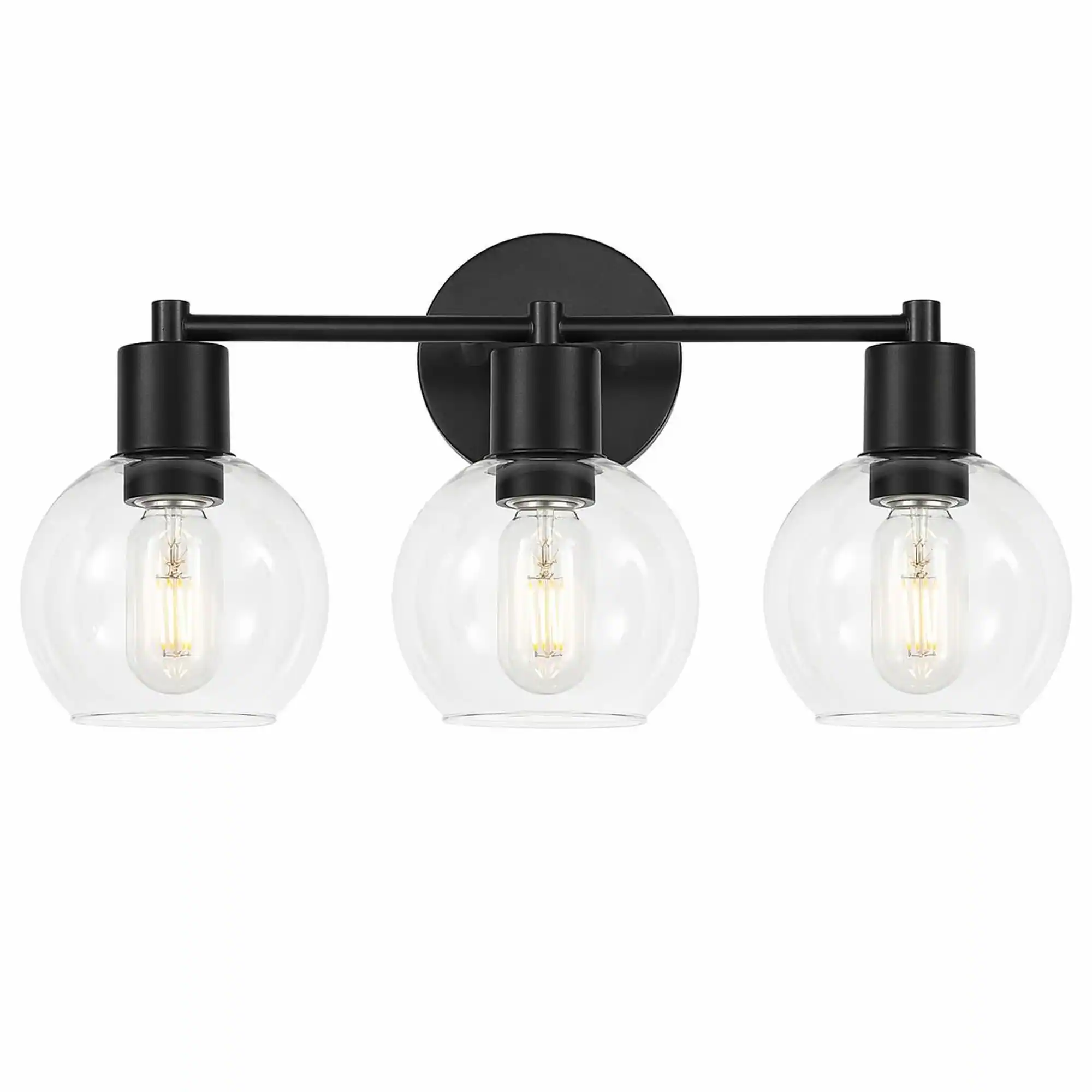 Front. RYHNUYNE - 3-Light Globe Wall Sconce, Industrial Black Metal Vanity Light with Clear Glass Shades for Bathroom, Bedroom.