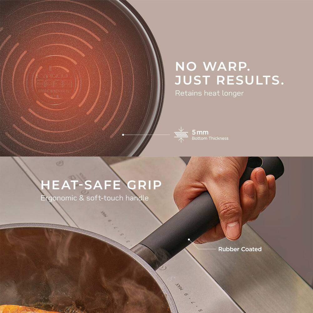 NO WARP.  
JUST RESULTS.  
Retains heat longer  

5 mm  
Bottom Thickness  

HEAT-SAFE GRIP  
Ergonomic & soft-touch handle  

Rubber Coated