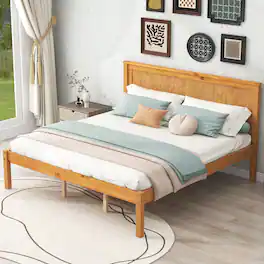 Whisen - Platform Bed Frame with Headboard, Wood Slat Support, No Box Spring Needed - Oak
