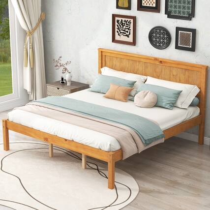 Front. Whisen - Platform Bed Frame with Headboard, Wood Slat Support, No Box Spring Needed - Oak.