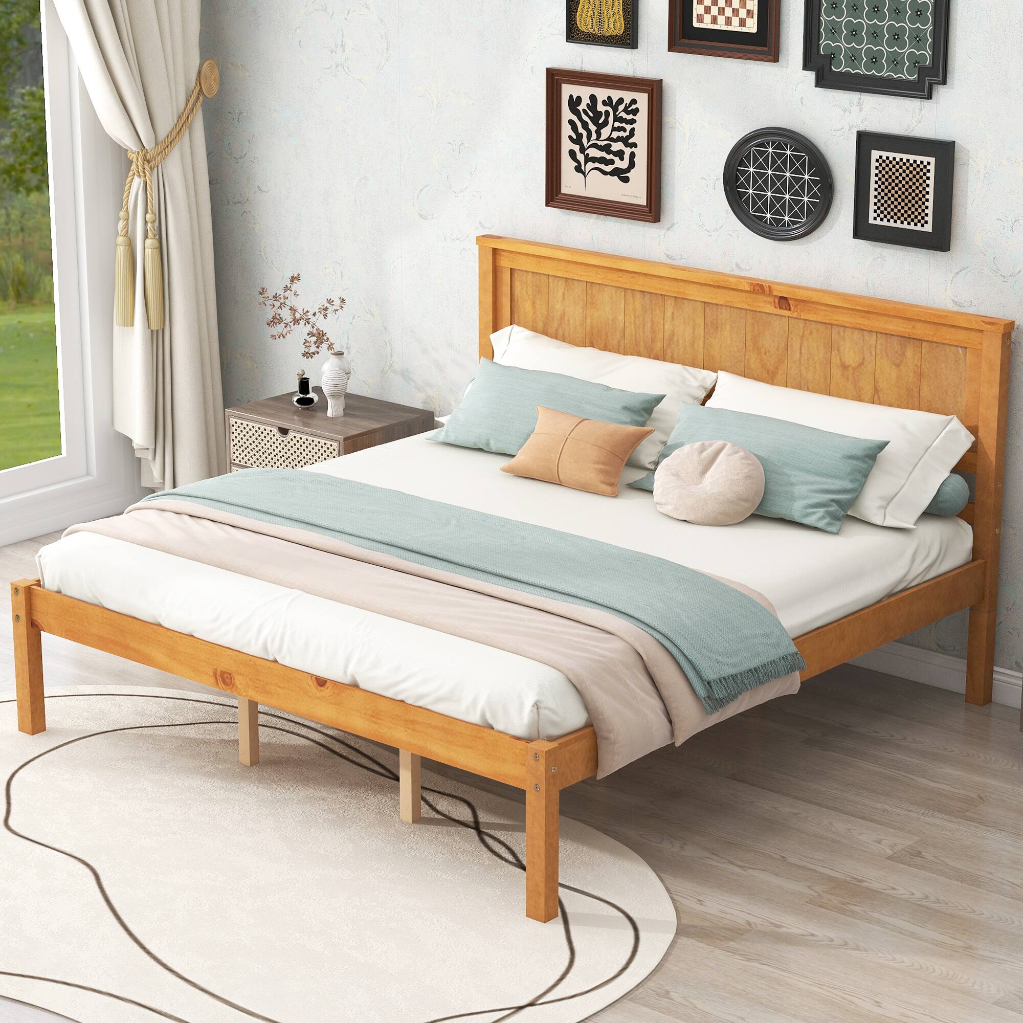 Front. Whisen - Platform Bed Frame with Headboard, Wood Slat Support, No Box Spring Needed - Oak.
