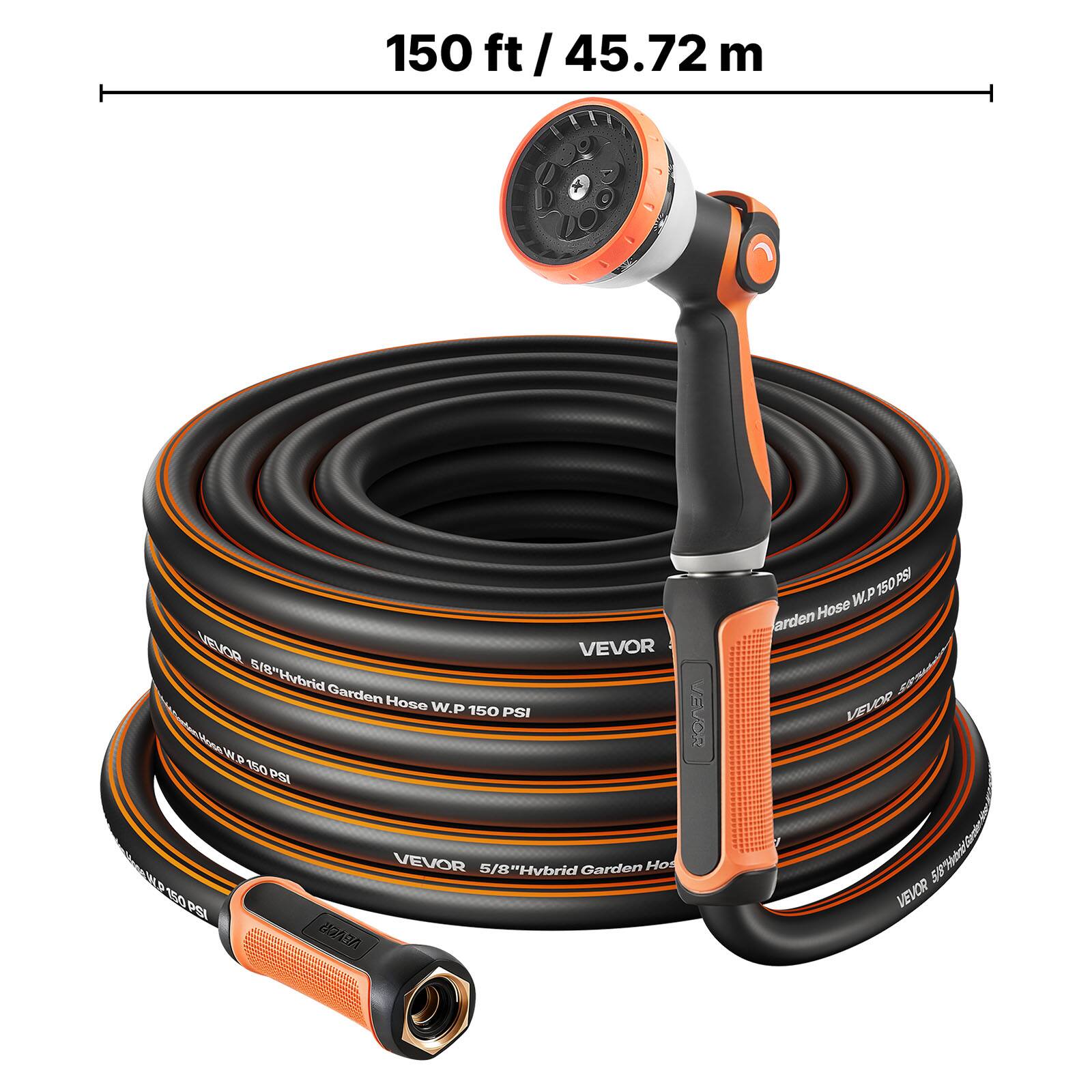 150 ft / 45.72 m

VEVOR 5/8" Hybrid Garden Hose W.P 150 PSI