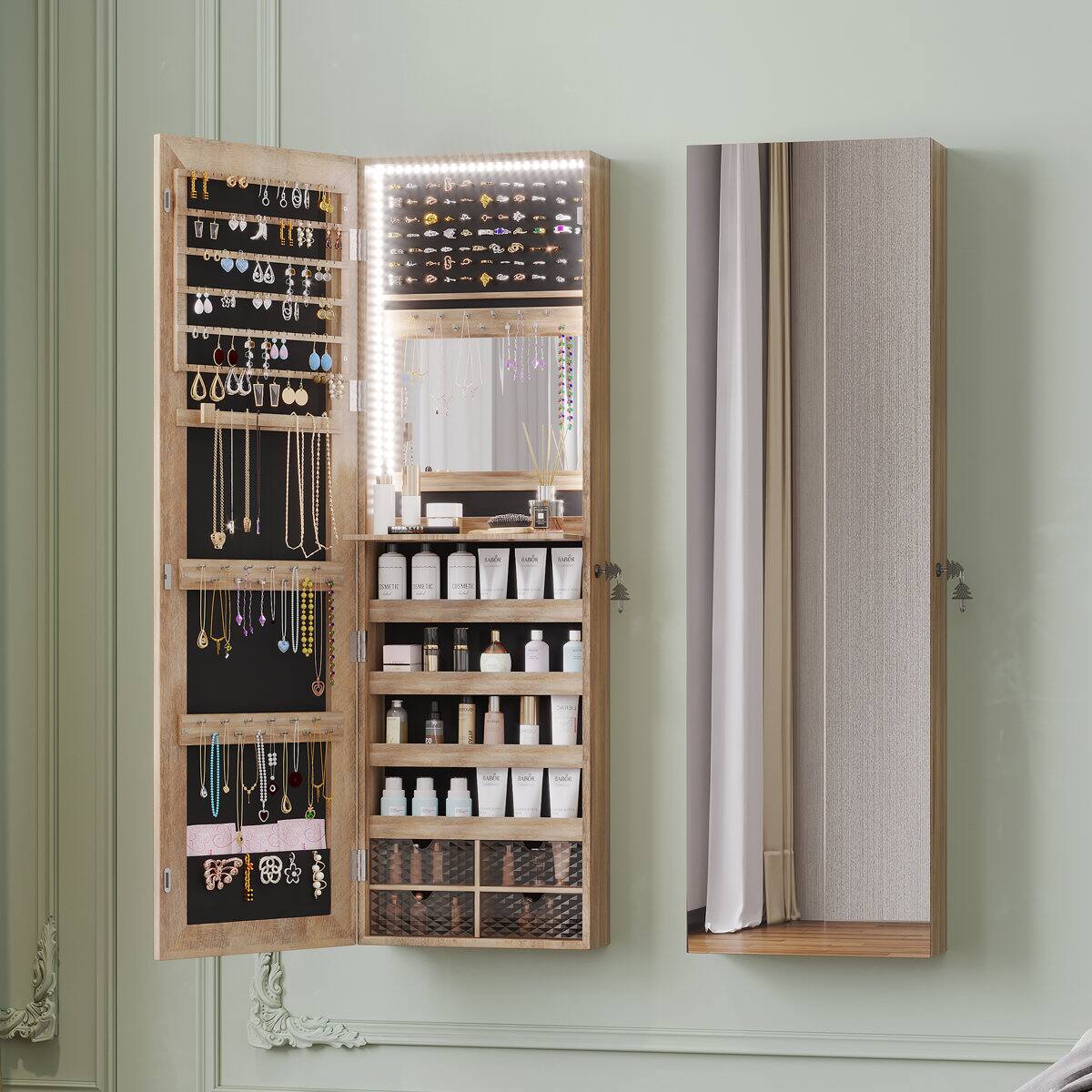Angle. Malletson - 47" x 14.5" Mirrored Jewelry Cabinet with 3-Color LED Lights, Wall/Door Mount Lockable Jewelry Storage Armoire - Brown - Brown.
