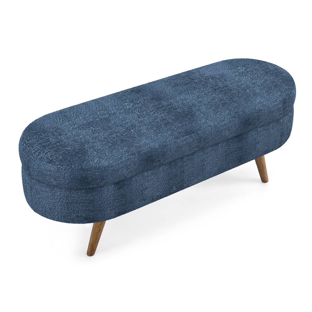 Alt View 8. Ropilly - Ropilly Oval Storage Bench Dark Blue Pleated Fabric Ottoman with Rubber Wood Legs, 43.5 Inch - Dark Blue.