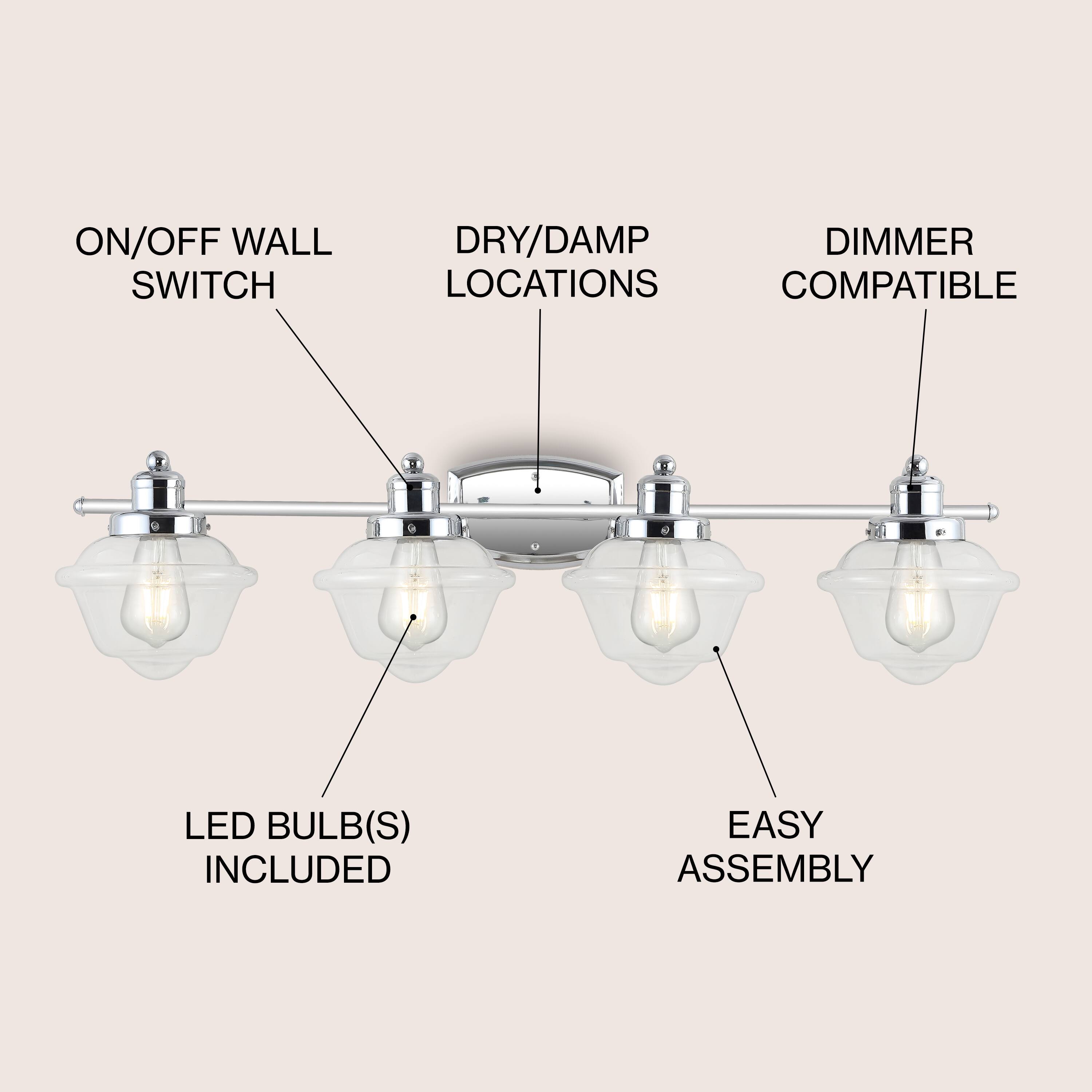 ON/OFF WALL SWITCH  
DRY/DAMP LOCATIONS  
DIMMER COMPATIBLE  
LED BULB(S) INCLUDED  
EASY ASSEMBLY