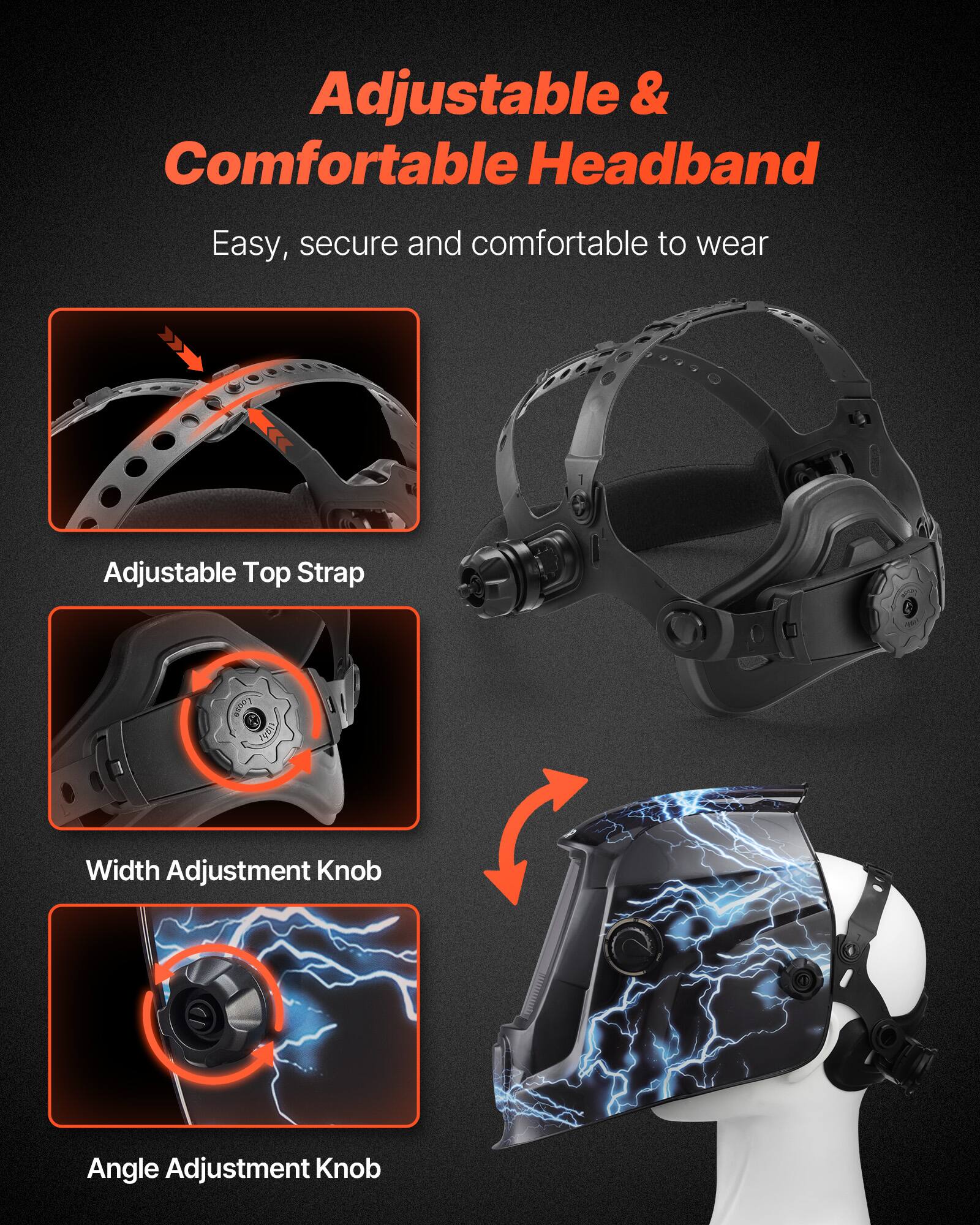 Adjustable & Comfortable Headband  
Easy, secure and comfortable to wear  

Adjustable Top Strap  
Width Adjustment Knob  
Angle Adjustment Knob