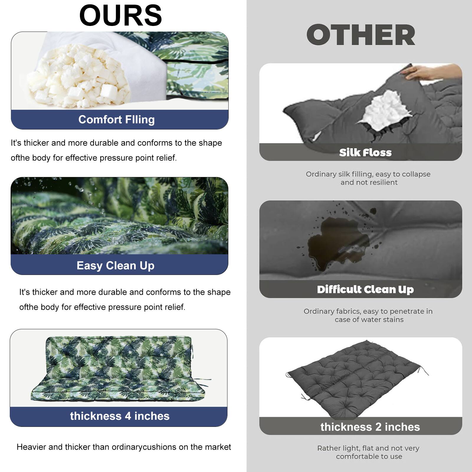 **OURS**

- **Comfort Filling**
  - It's thicker and more durable and conforms to the shape of the body for effective pressure point relief.

- **Easy Clean Up**
  - It's thicker and more durable and conforms to the shape of the body for effective pressure point relief.

- **Thickness 4 inches**
  - Heavier and thicker than ordinary cushions on the market

**OTHER**

- **Silk Floss**
  - Ordinary silk filling, easy to collapse and not resilient

- **Difficult Clean Up**
  - Ordinary fabrics, easy to penetrate in case of water stains

- **Thickness 2 inches**
  - Rather light, flat and not very comfortable to use