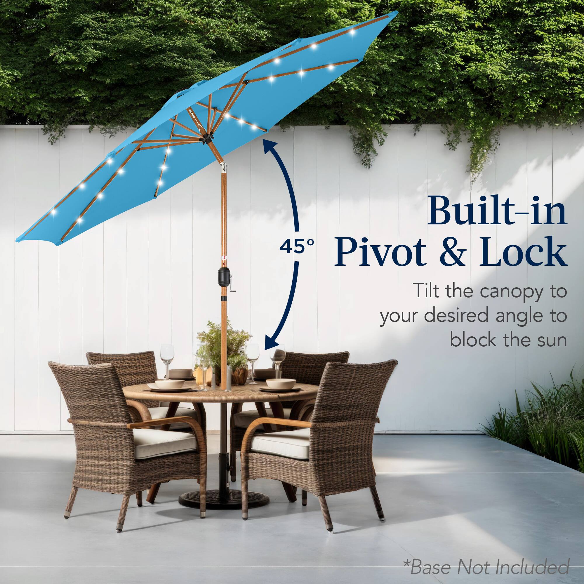 Built-in 45° Pivot & Lock: Tilt the canopy to your desired angle to block the sun. *Base Not Included