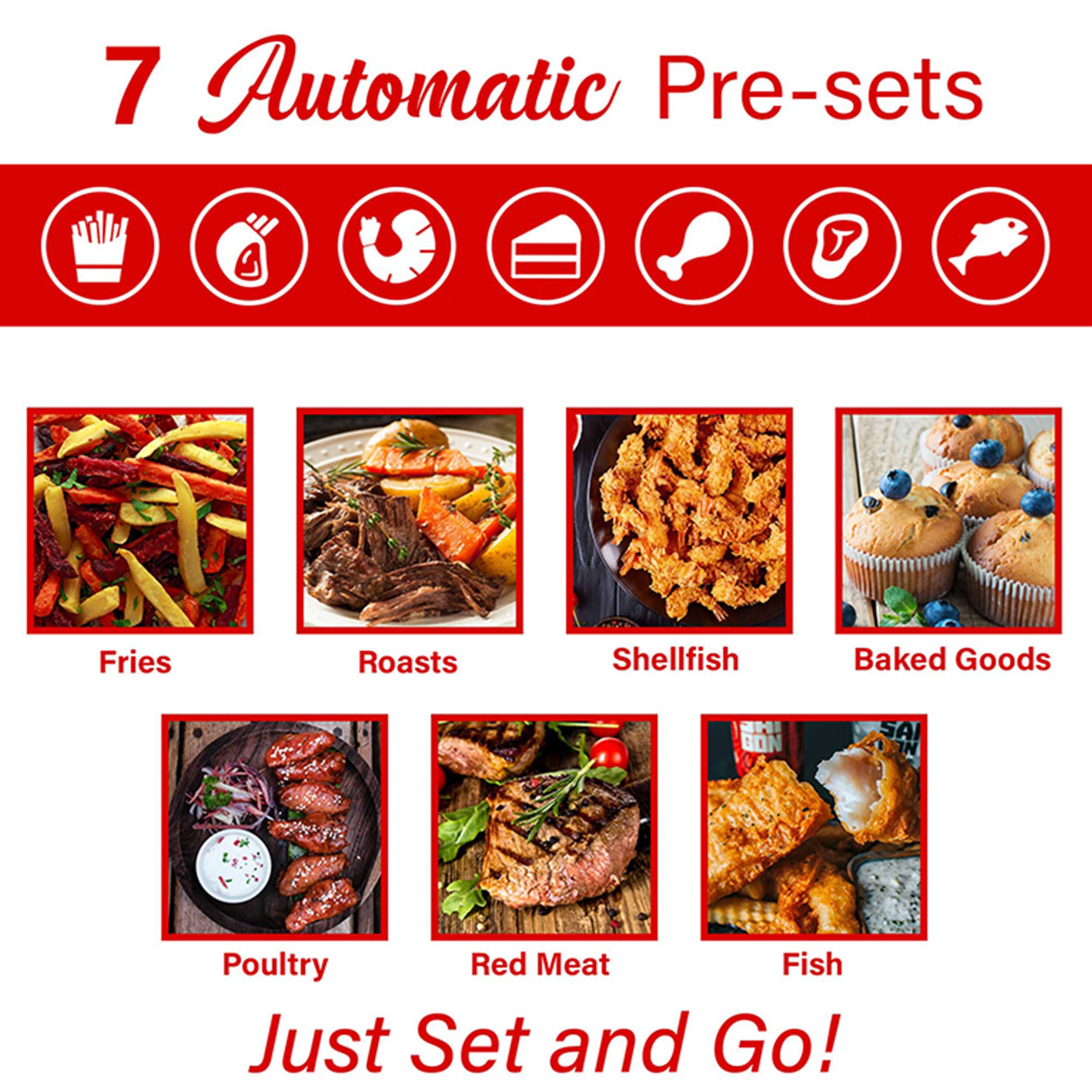 7 Automatic Pre-sets: Fries, Roasts, Shellfish, Baked Goods, Poultry, Red Meat, Fish. Just Set and Go!