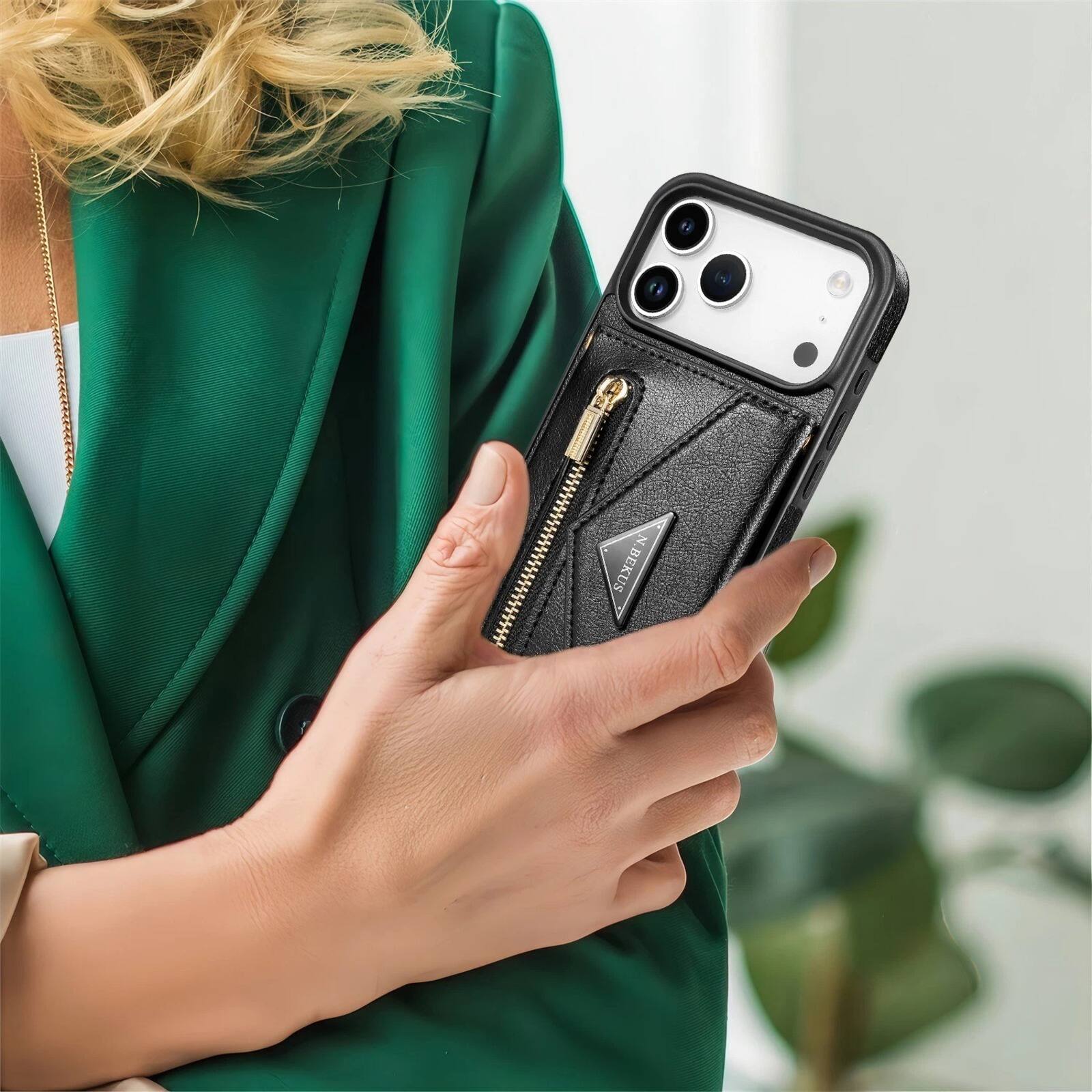 Alt View 3. UUCOVER - Wallet Case for Apple iPhone 17 Pro Max with Card Slots Holder, Zipper Pocket and Shoulder Strap, Flip Kickstand Cover - Black.