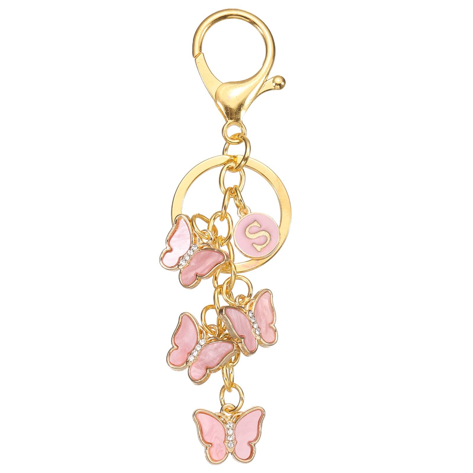 Front. Unique Bargains - Butterfly Initial Letter Keychain, Alphabet S Metal Keyring, Cute Car Keys Holder Charm for Women Gift - Pink.