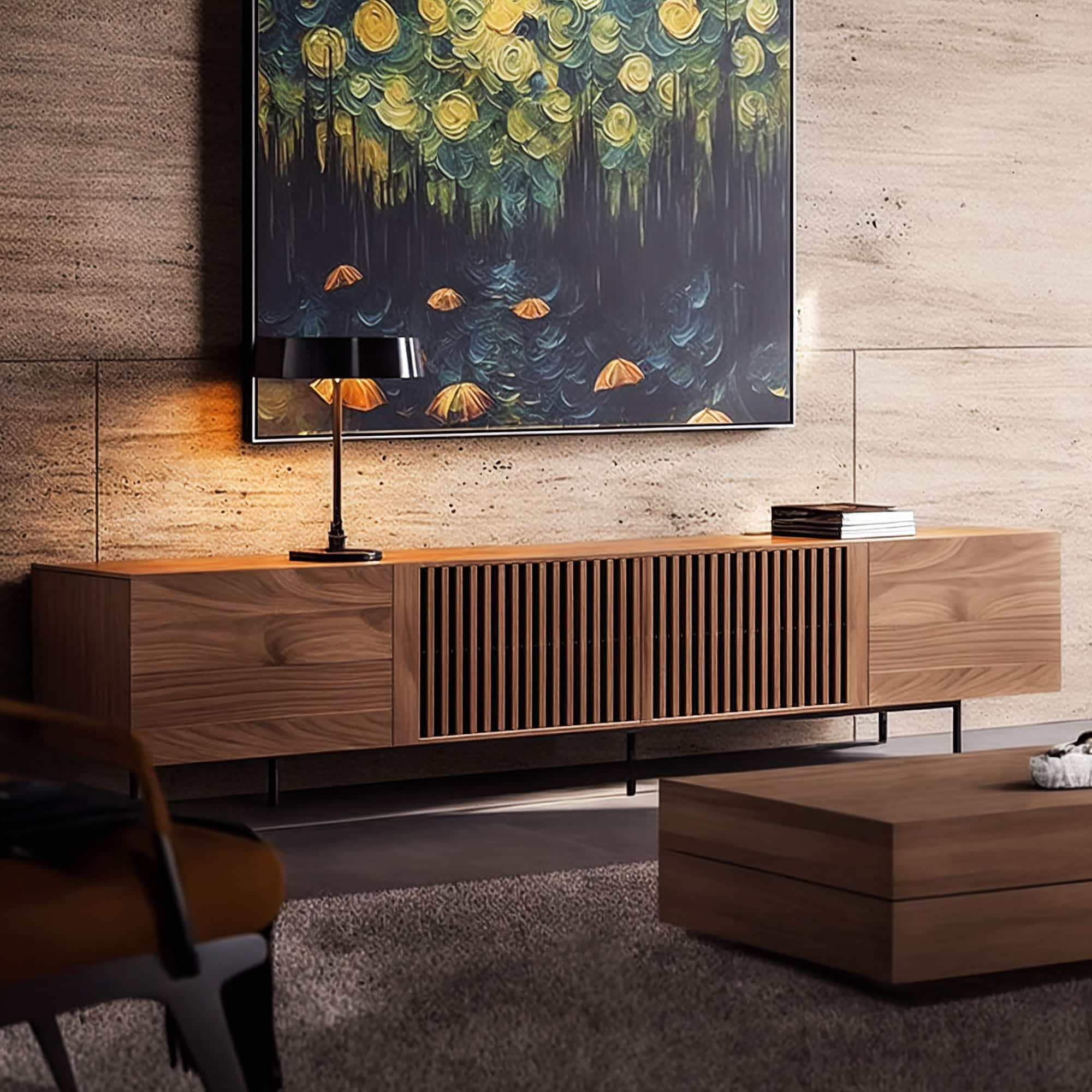 luck idea - Mid-Century Modern TV Stands 94.48" Consoles,up to100'' Media Centerw/ Cabinets & wood Doors&Metal Frame - Walnut Color