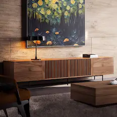 Front. luck idea - Mid-Century Modern TV Stands 94.48" Consoles,up to100'' Media Centerw/ Cabinets & wood Doors&Metal Frame - Walnut Color.
