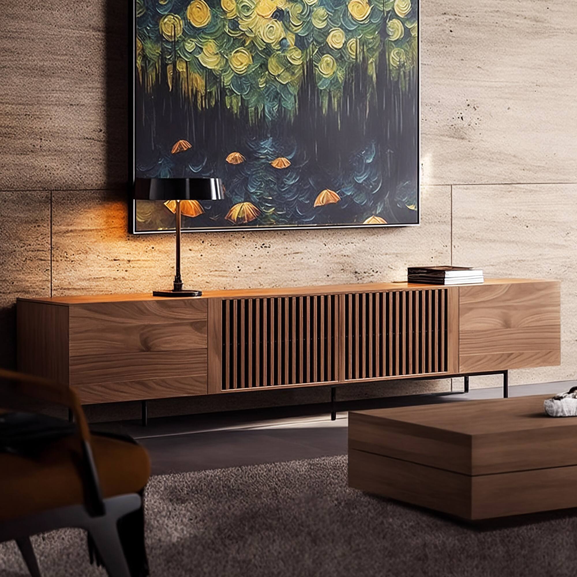 luck idea - Mid-Century Modern TV Stands 94.48" Consoles,up to100'' Media Centerw/ Cabinets & wood Doors&Metal Frame - Walnut Color