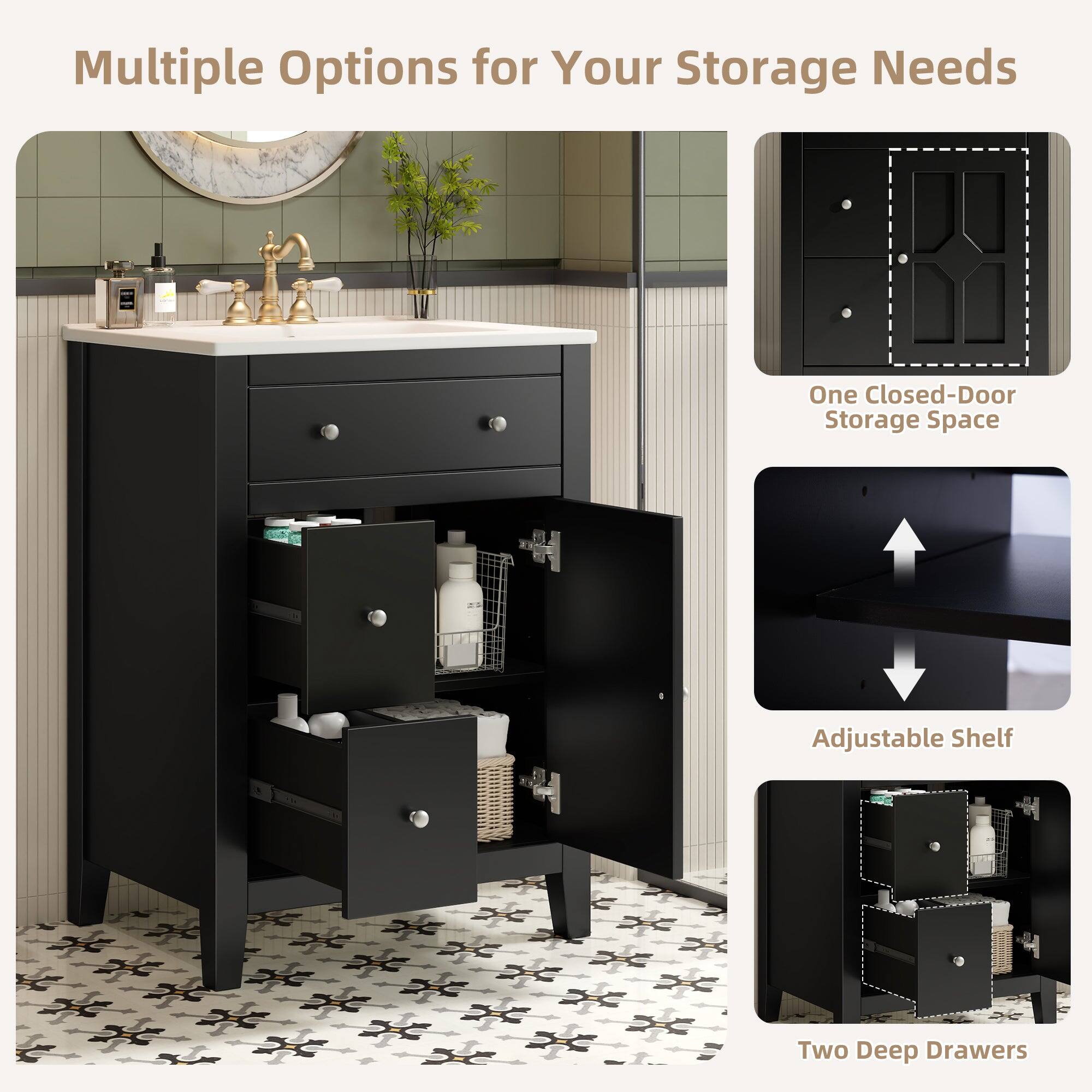 Multiple Options for Your Storage Needs

- One Closed-Door Storage Space
- Adjustable Shelf
- Two Deep Drawers