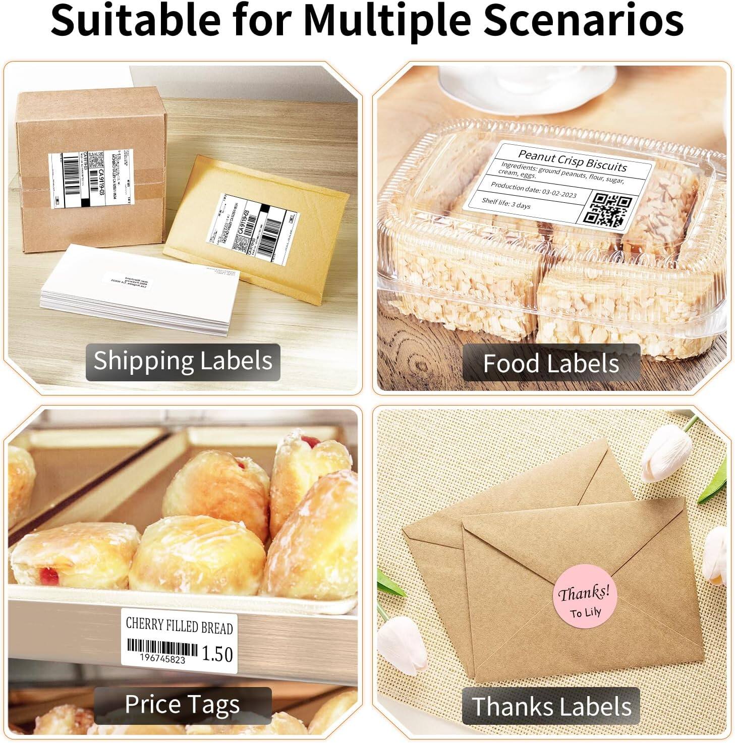 Suitable for Multiple Scenarios:

1. Peanut Crisp Biscuits: Ingredients include ground biscuits, peanuts, flour, and sugar. Production dates are from 02-2021.
2. Cherry Filled Bread: Price tag is $1.50.
3. Shipping Labels:
4. Food Labels:
5. Thanks! To Lily: Price tags and thanks labels are available.