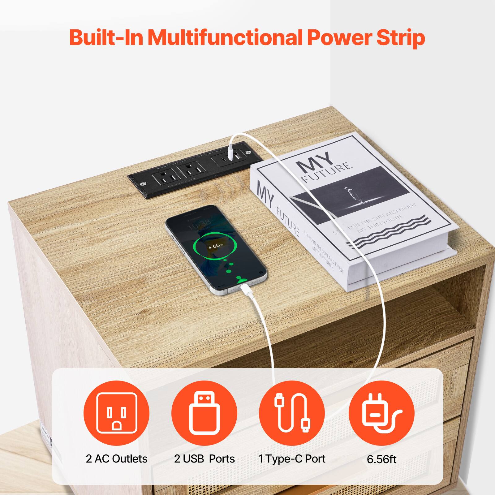 Built-In Multifunctional Power Strip

2 AC Outlets  
2 USB Ports  
1 Type-C Port  
6.56ft