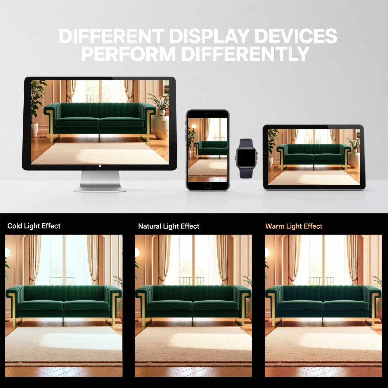 DIFFERENT DISPLAY DEVICES PERFORM DIFFERENTLY

Cold Light Effect

Natural Light Effect

Warm Light Effect