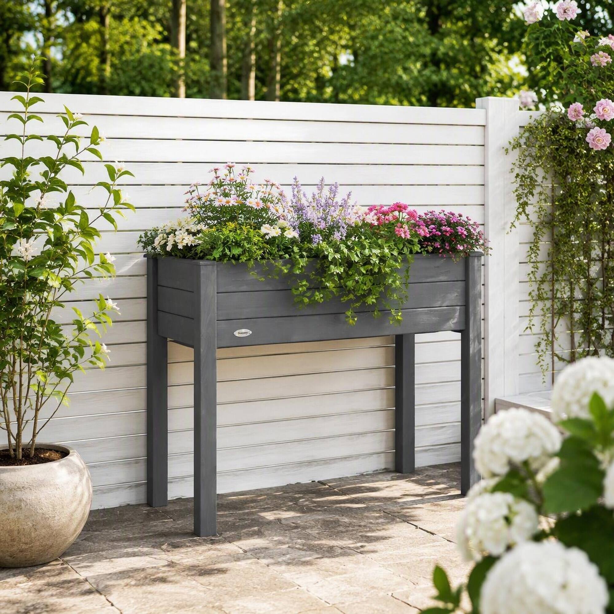 Back. RYHNUYNE - Raised Garden Bed with Legs 34x18x30 Inch Elevated Wooden Planter Box Self Draining with Fabric Liner - Dark Gray.