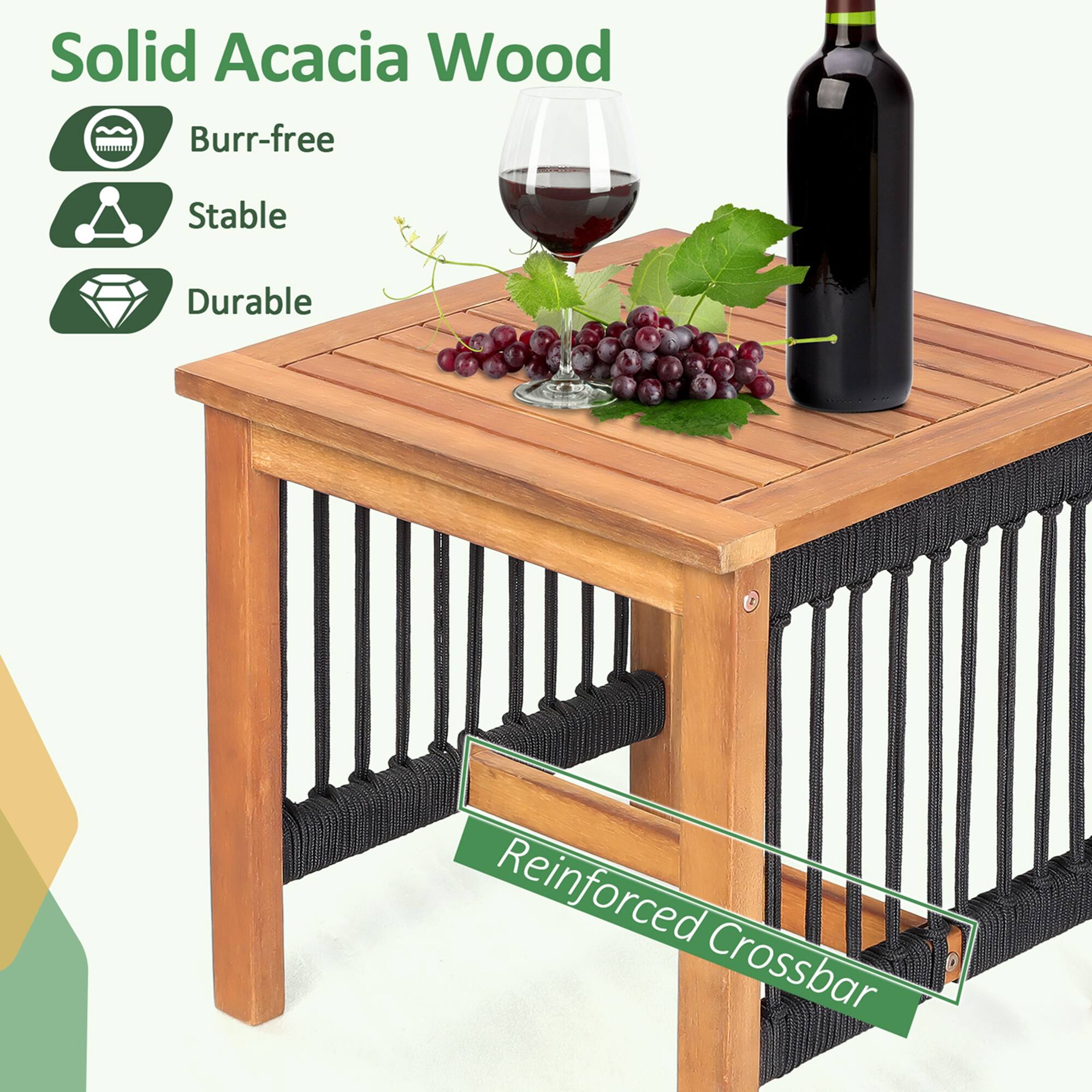 Solid Acacia Wood  
Burr-free  
Stable  
Durable  

Reinforced Crossbar