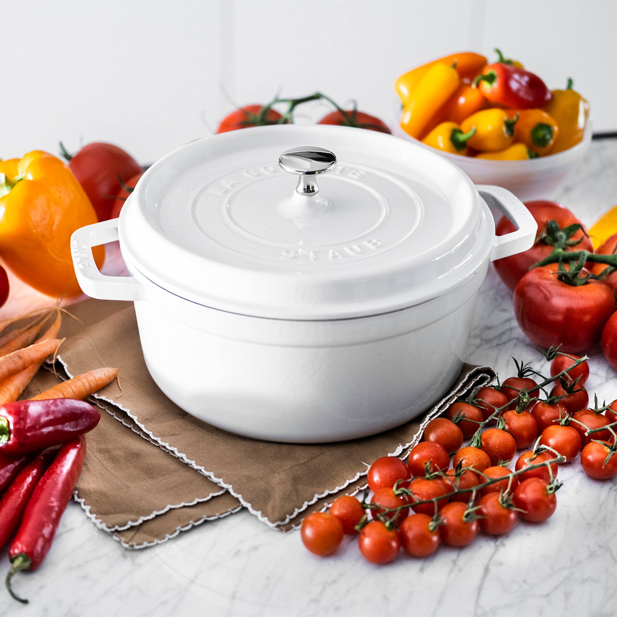 Alt View 4. Staub - Cast Iron Round Cocotte, Dutch Oven, 4-quart, serves 3-4, Made in France - White.