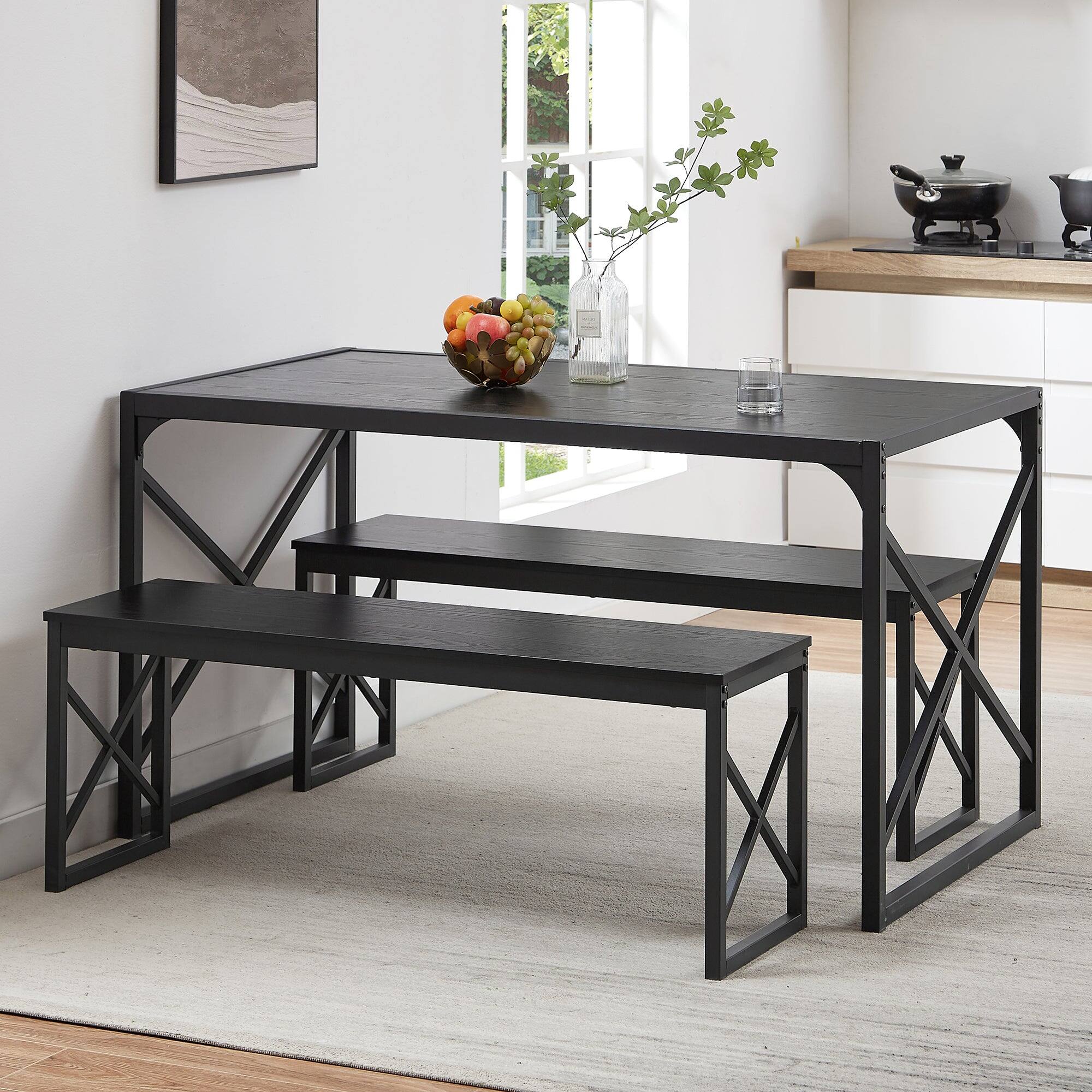 Alt View 4. Vecelo - Dining Set: 55" Table & 2 Benches - Space Saving Design, Easy Assembly, Metal Frame, 4-Person Family Dining - Black.