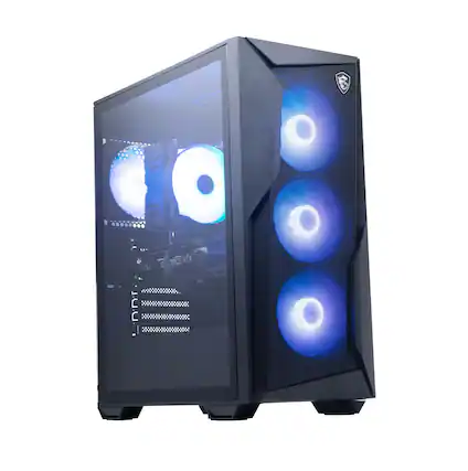 A black and blue MSI computer tower with a dragon logo on the side.