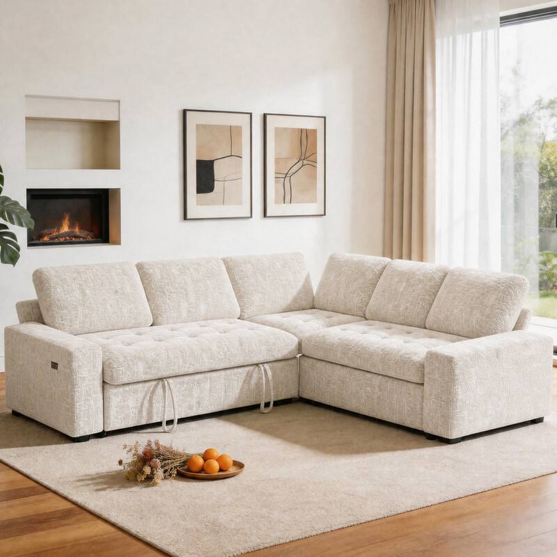 Angle. Dyonery - 80" 5 Seat Modular Sectional Couch Sofa with Pull Out Bed/USB Ports/Adjustable Backrest/Storage Seats for Living Room - Beige.