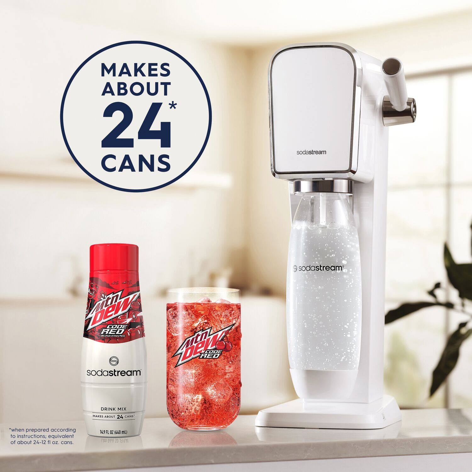 The text on the image is grouped and corrected as follows:

"Makes about 24 cans of soda using sodastream eW MLN LODE RED LIME sodastream 9 sodastream DRINK MIXES. When prepared according to instructions, it is equivalent to about 24 12 oz cans."