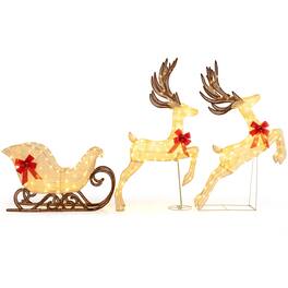 Gymax - 3PCS Christmas Lighted Reindeer Sleigh Set w/280 White LED Lights Ground Stakes Outdoor - Multicolor