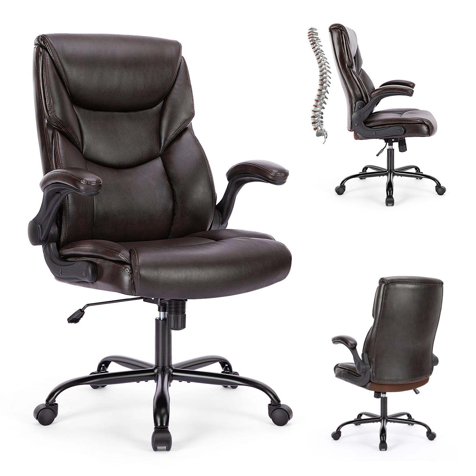 Front. Bestier - Task Chairs PU Leather with Adjustable Fixed Lumbar Support Office Chair in Brown with Flip-up Armrest Strong Metal Base - Brown.