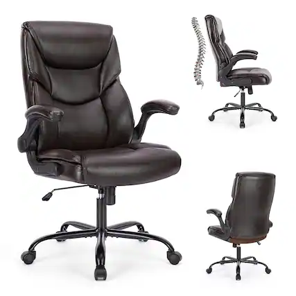 Front. Bestier - Task Chairs PU Leather with Adjustable Fixed Lumbar Support Office Chair in Brown with Flip-up Armrest Strong Metal Base - Brown.