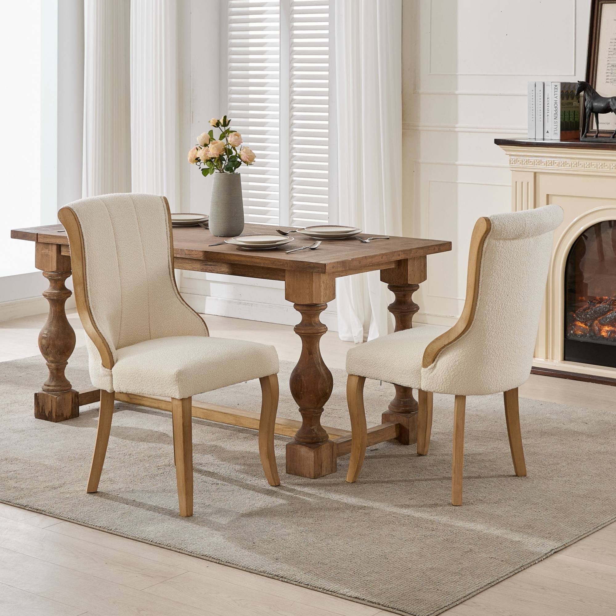 Angle. GOODSILO - Mid-Century Modern Upholstered Dining Chairs with Curved Wood Trim and Sculpted Legs, Set of Two in Neutral Beige Fabric - Beige.