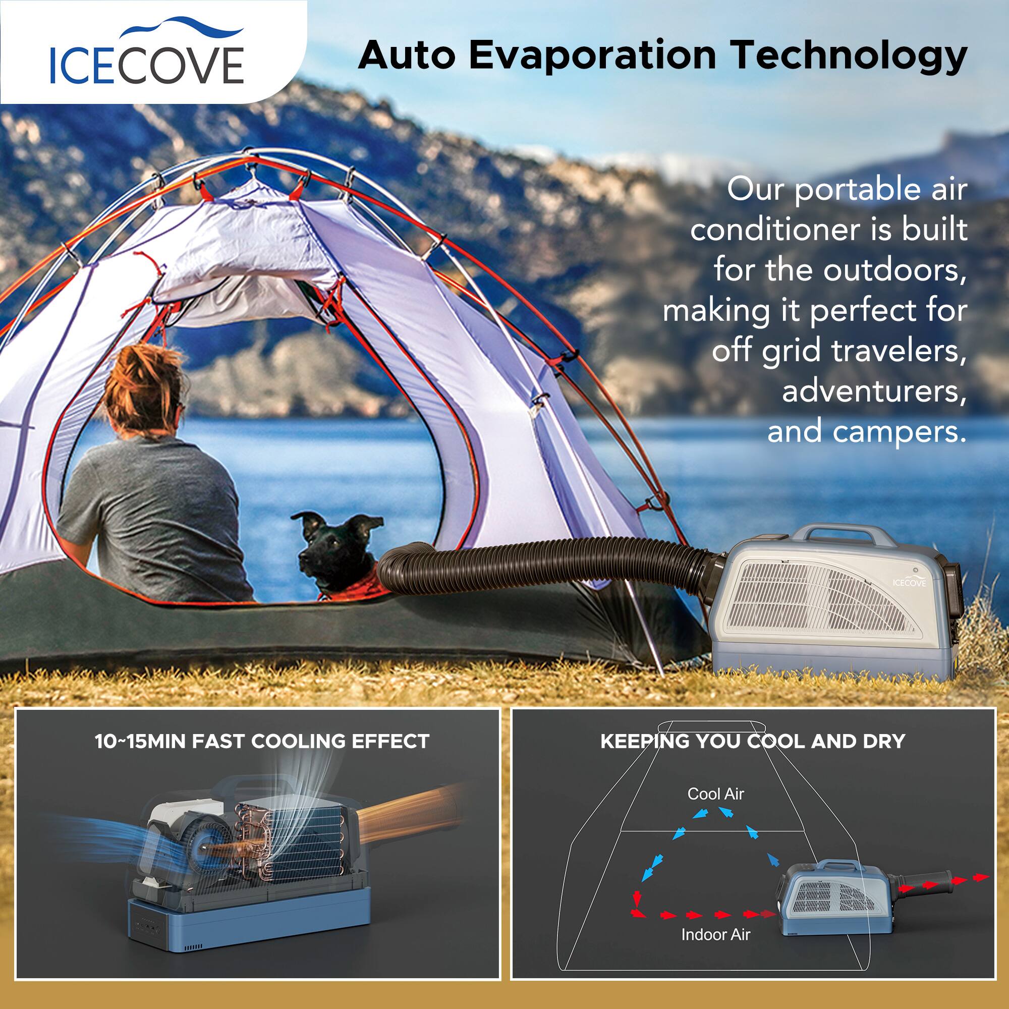ICECOVE Auto Evaporation Technology

Our portable air conditioner is built for the outdoors, making it perfect for off-grid travelers, adventurers, and campers.

10-15MIN FAST COOLING EFFECT

KEEPING YOU COOL AND DRY

Cool Air

Indoor Air