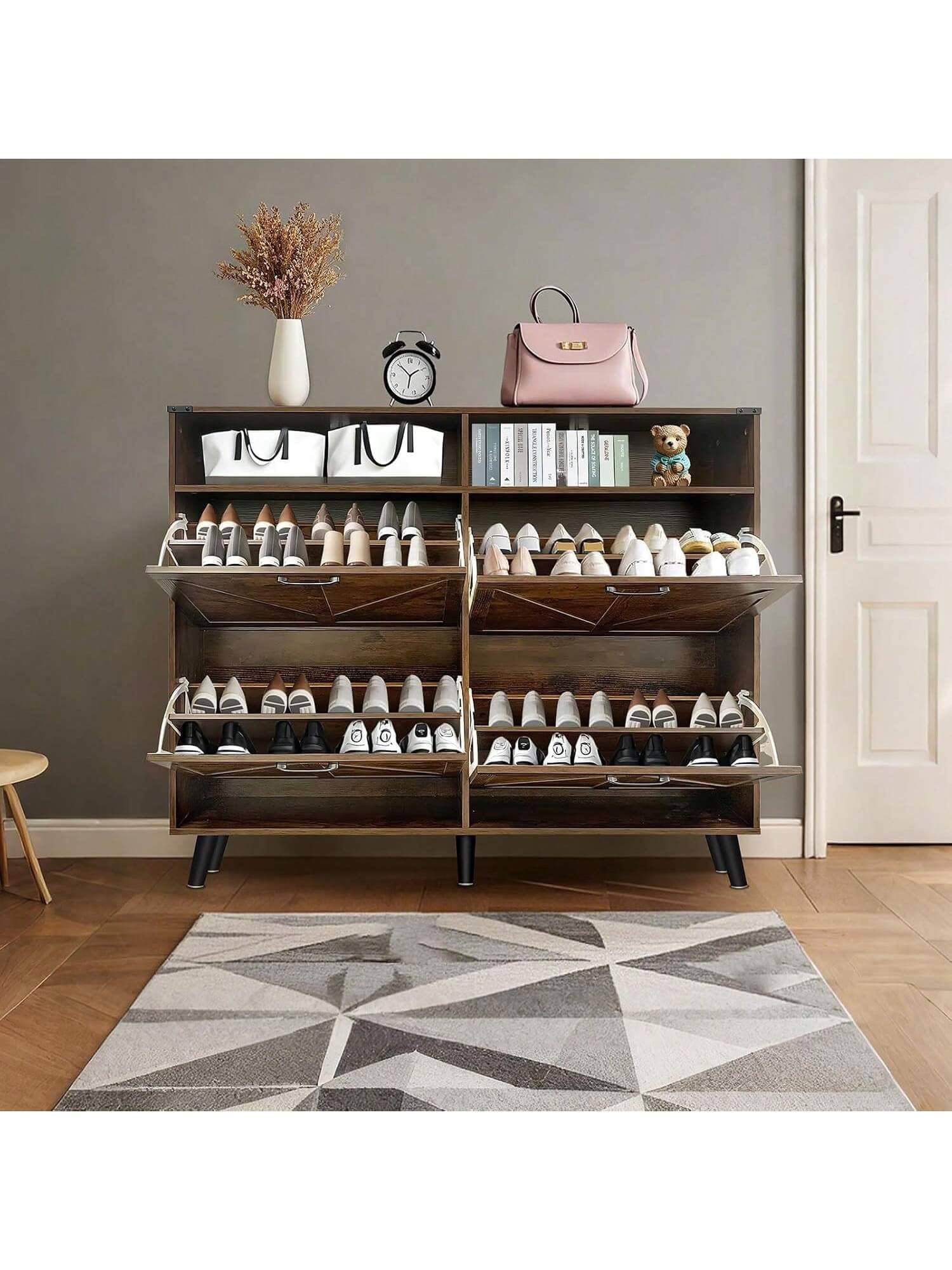 GARVEE - Home Shoe Storage Cabinet Farmhouse Shoe Organizer With 4 Flip Drawers And Open Storage Freestanding Narrow - Brown