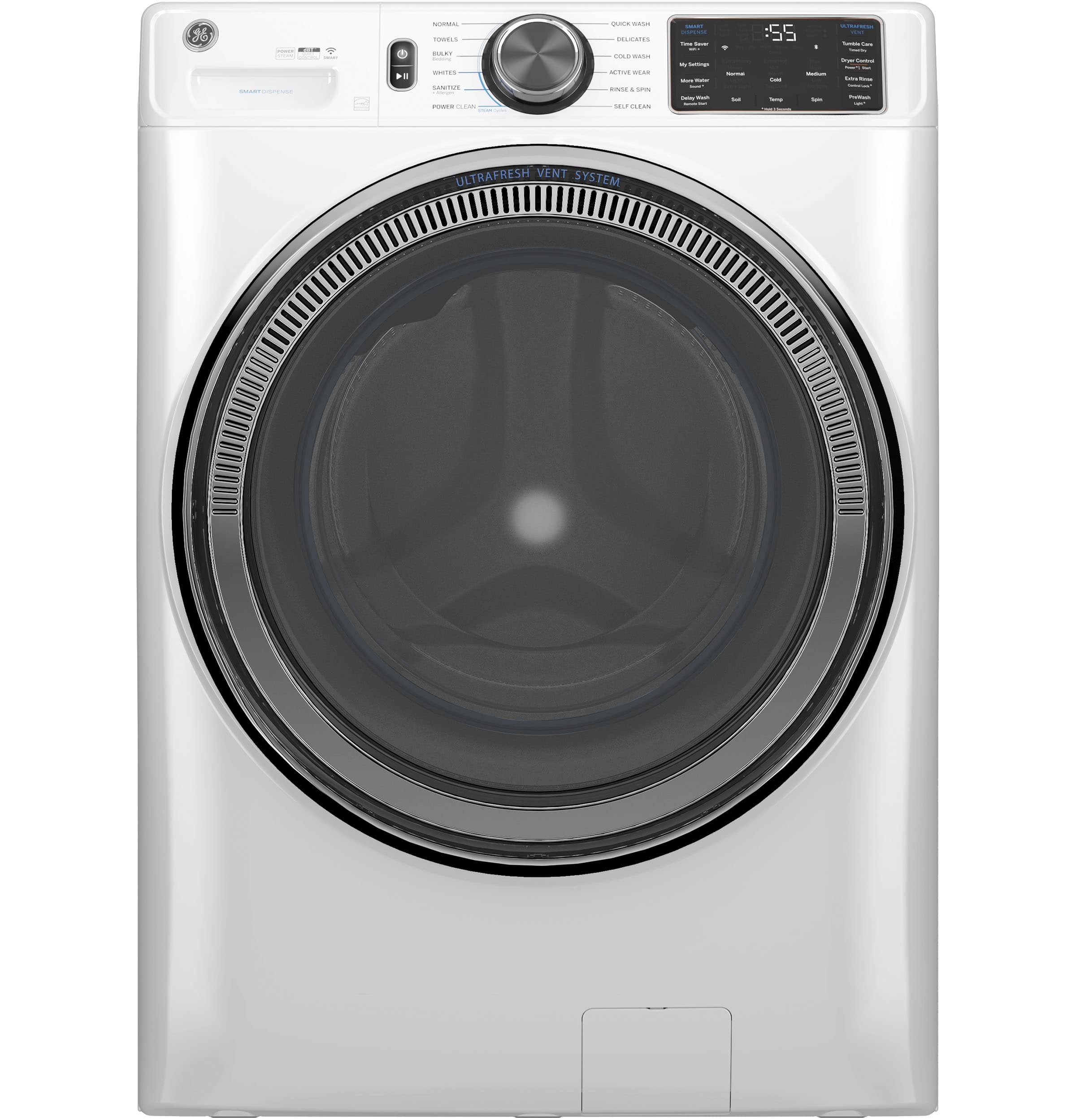 GE - 5.0 Cu. Ft. Stackable Smart Front Load Washer with Steam, SmartDispense and Odorblock Ultra Fresh Vent System - White - Front_Zoom