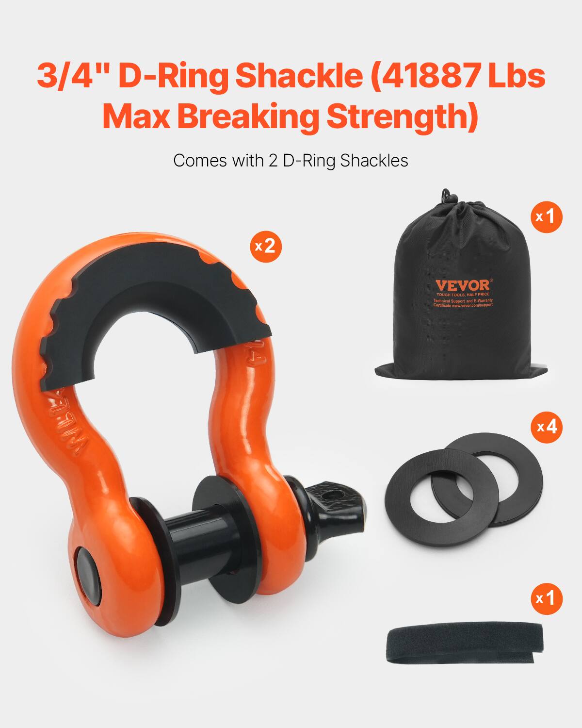 3/4" D-Ring Shackle (41887 Lbs Max Breaking Strength)  
Comes with 2 D-Ring Shackles  

- 2 x 1  
- 1 x 1  
- 4 x 1  

VEVOR TOUGA TUGALA SALE  
www.vevor.com/bepperl