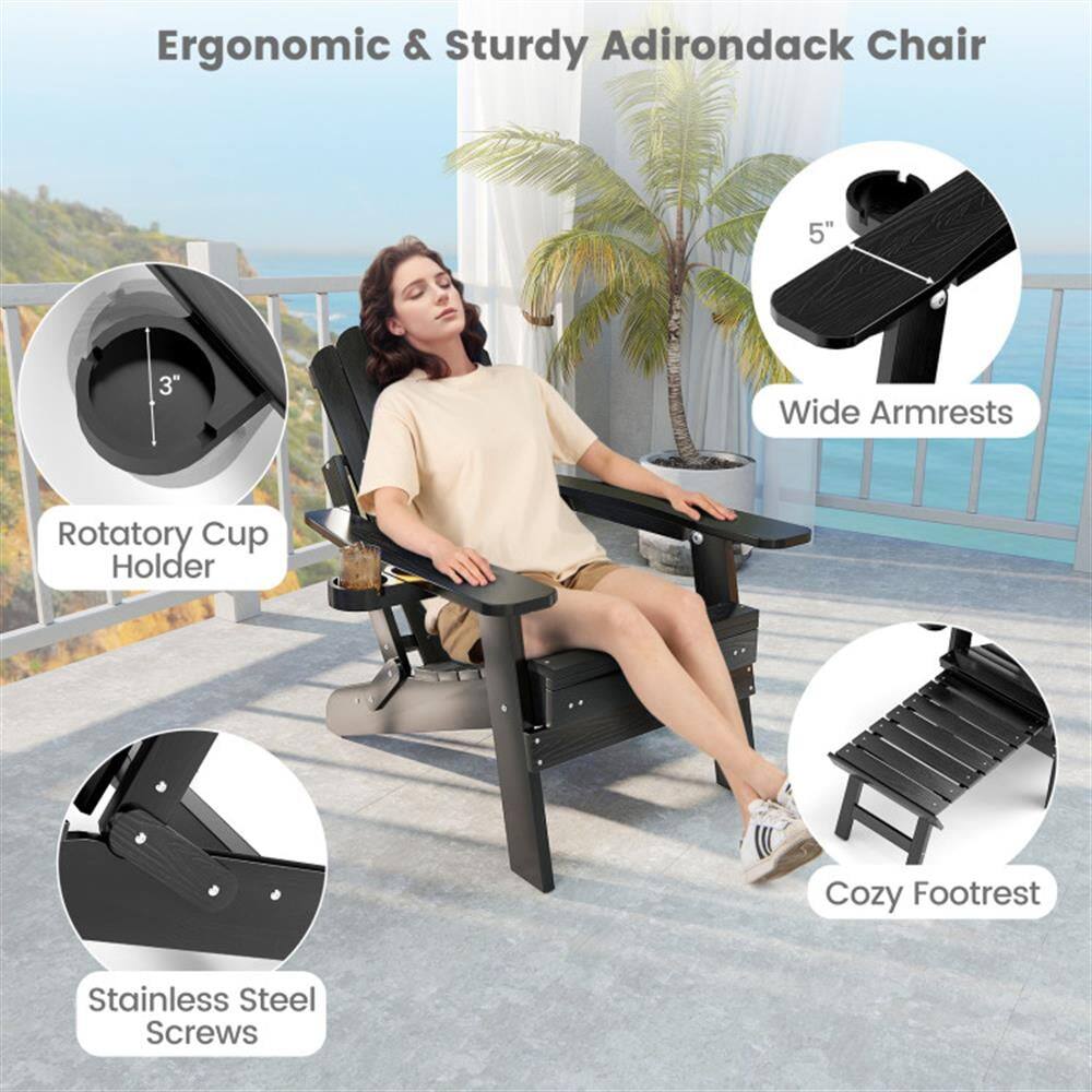 Ergonomic & Sturdy Adirondack Chair

- 5" Wide Armrests
- 3" Rotary Cup Holder
- Cozy Footrest
- Stainless Steel Screws